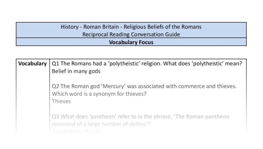 Reciprocal Reading Conversation - Religious Beliefs of the Romans - Vocabulary Focus