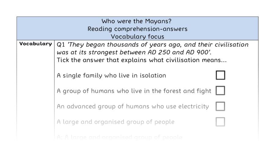 Reading comprehension - vocabulary - Who were the Mayans - answers