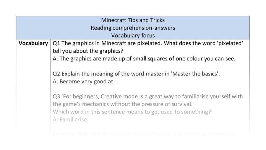 Reading comprehension - vocabulary - Minecraft Tips and Tricks