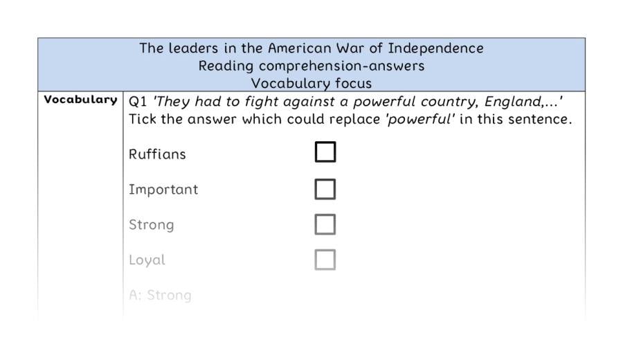 Reading comp- vocab - The leaders in the American War of Independence - answers