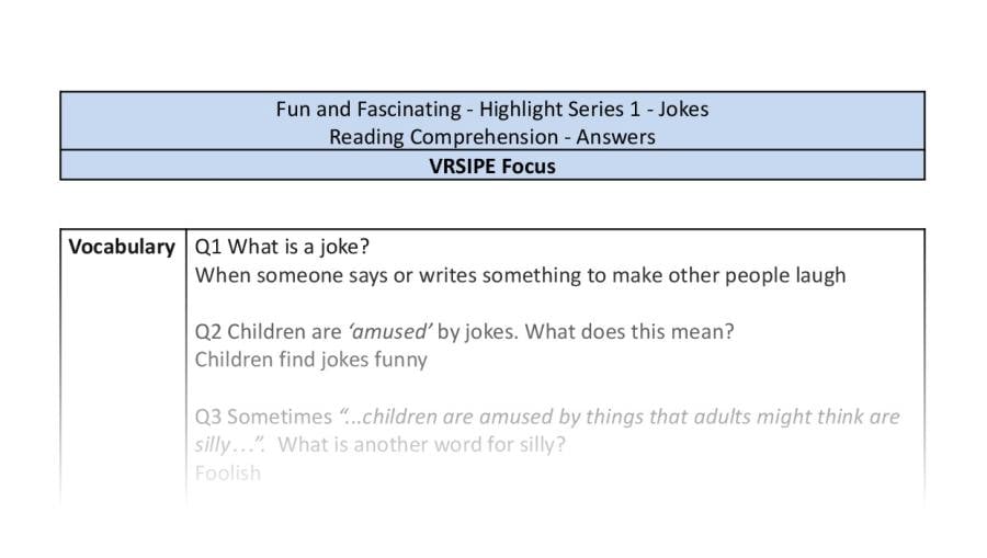 Reading Comprehension - Jokes - Highlight Series 1 - VRSIPE Focus