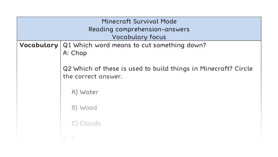 Reading comprehension-Minecraft Survival Mode-vocabulary - answers