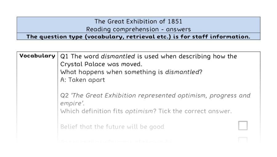 Reading comprehension - VRSIPE - The Great Exhibition of 1851 - answers