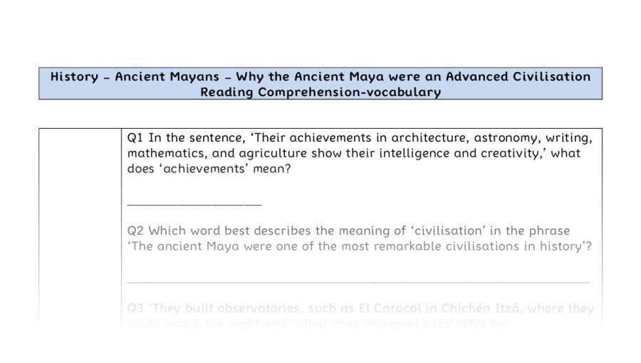 Reading Comprehension - Why the Ancient Maya were an Advanced Civilisation - Vocabulary Focus