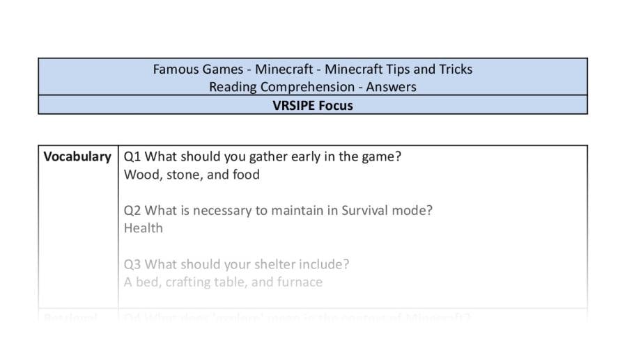 Reading Comprehension - Minecraft Tips and Tricks - VRSIPE Focus
