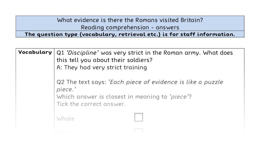 Reading comprehension VRSIPE -evidence the Romans visited Britain - answers