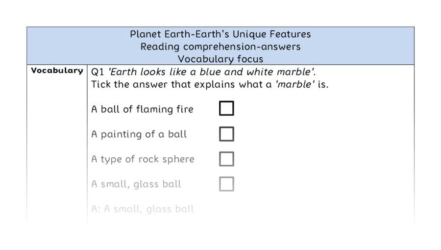 Reading comprehension - vocabulary - Planet Earth-Earths Unique Features - answers