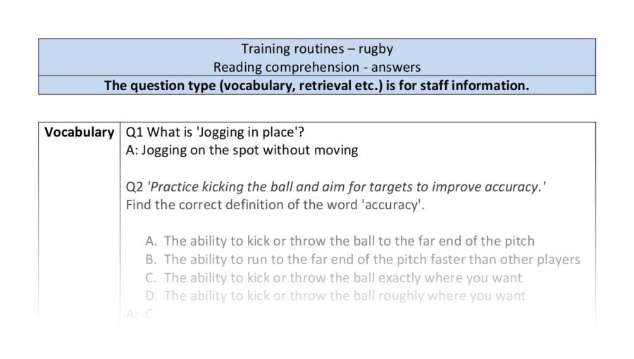 Reading comprehension - VRSIPE - Training routines - rugby - answers