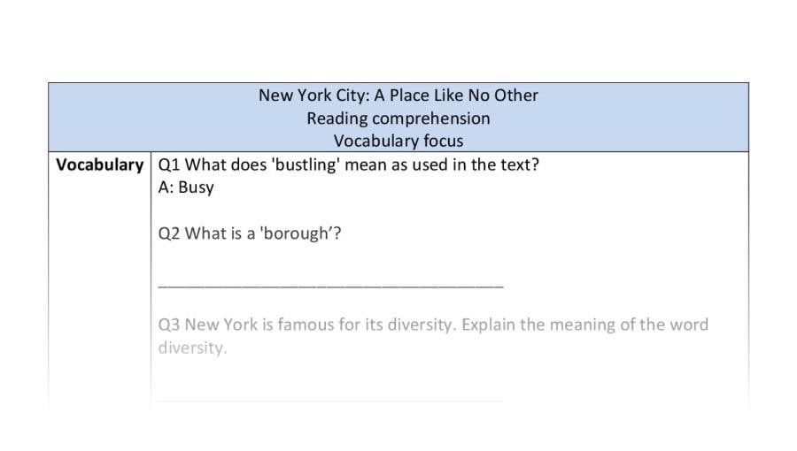 Reading comprehension - vocabulary - New York