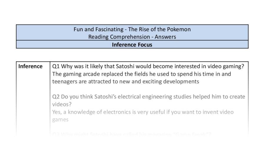 Reading Comprehension - The Rise of the Pokemon - UKS2 - Inference Focus