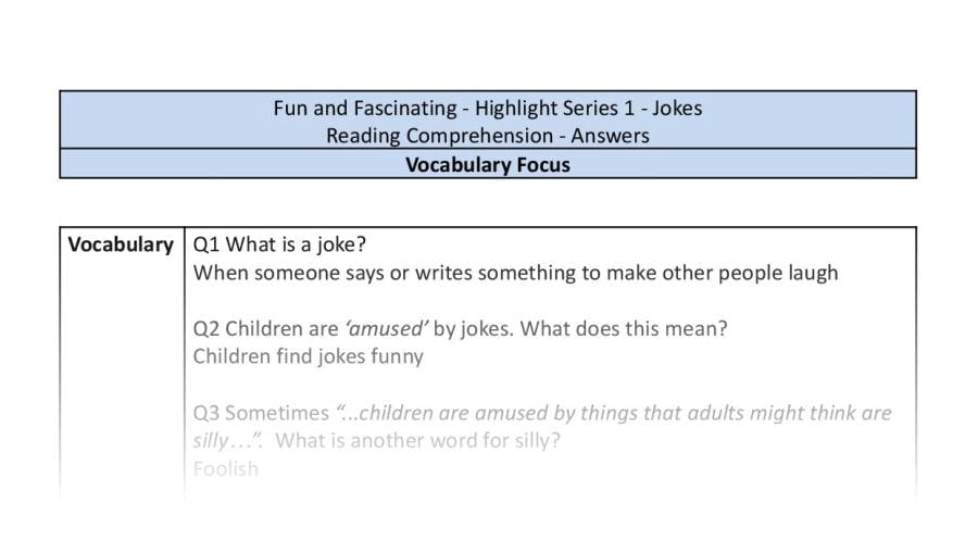 Reading Comprehension - Jokes - Highlight Series 1 - Vocabulary Focus