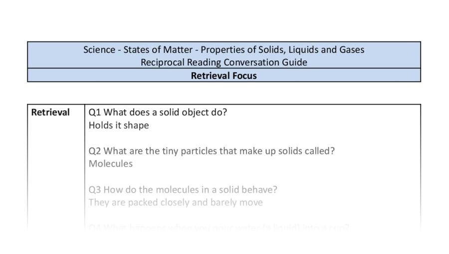 Reciprocal Reading Conversation - Properties of Solids, Liquids and Gases - Retrieval Focus
