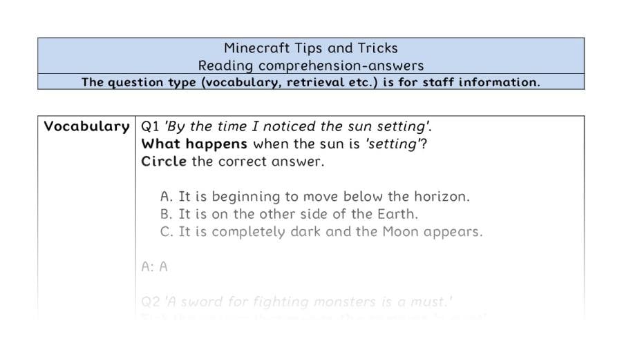Reading comprehension-Minecraft Tips and Tricks-VRSIPE - answers