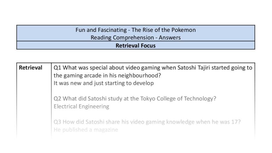 Reading Comprehension - The Rise of the Pokemon - UKS2 - Retrieval Focus
