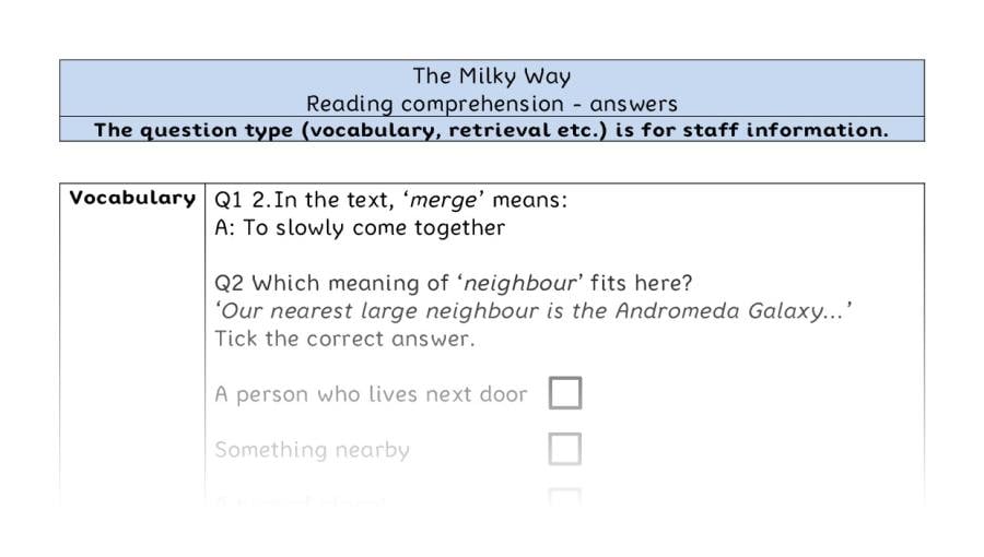 Reading comprehension - VRSIPE - The Milky Way - answers