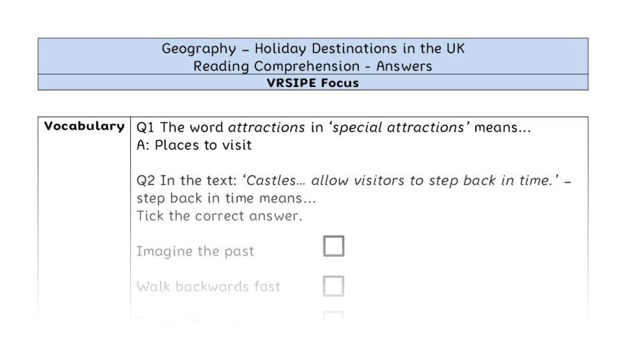 Holiday Destinations in the UK - Reading Comprehension Answers - VRSIPE Focus