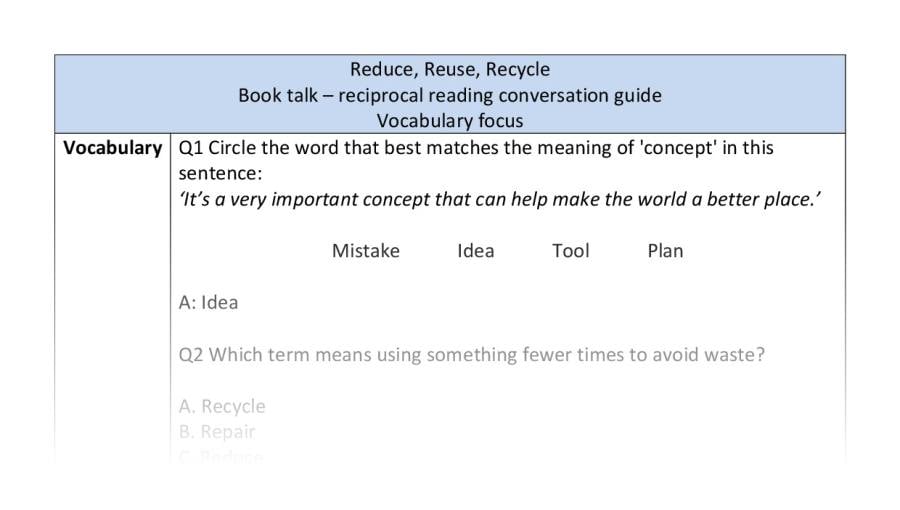 Reciprocal reading - vocabulary - Reduce, Reuse, Recycle