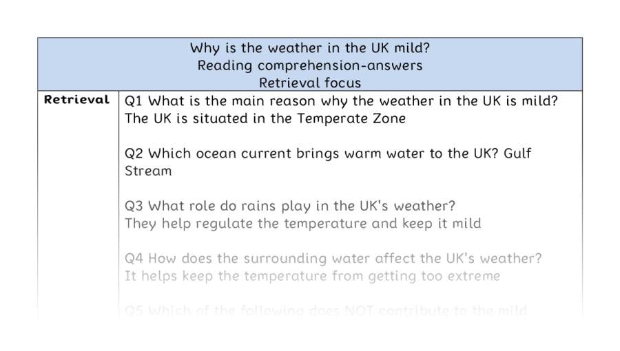 Reading comprehension - retrieval - Why is the weather in the UK mild - answers
