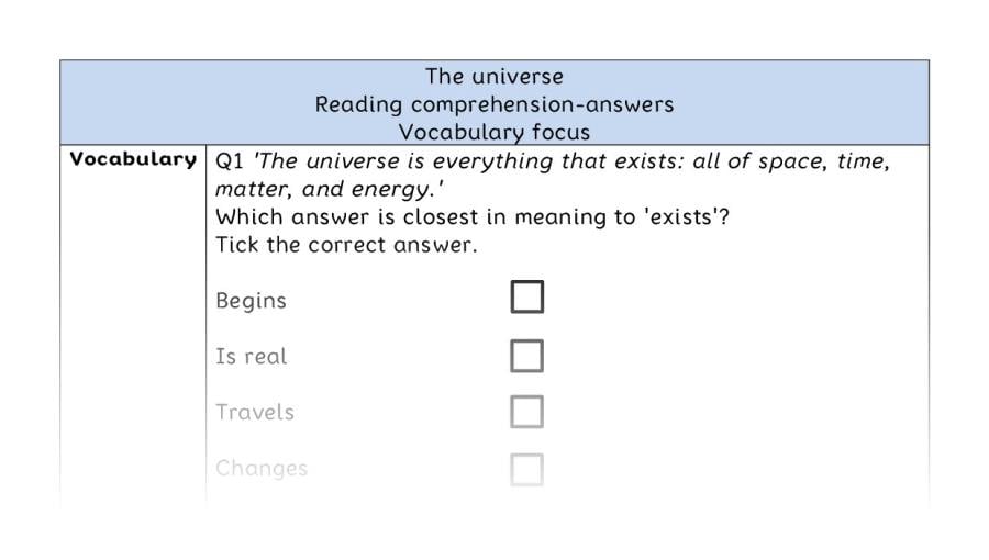 Reading comprehension - vocabulary - The universe - answers