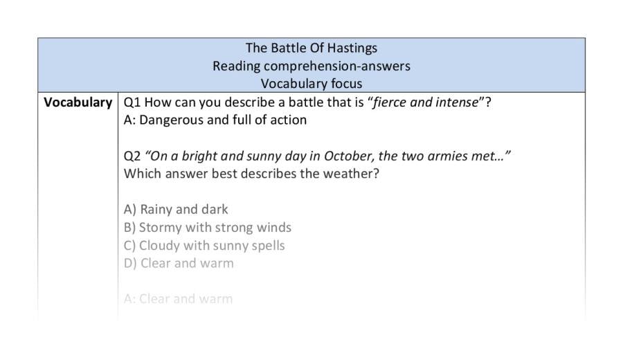 Reading comprehension - vocabulary - The Battle Of Hastings