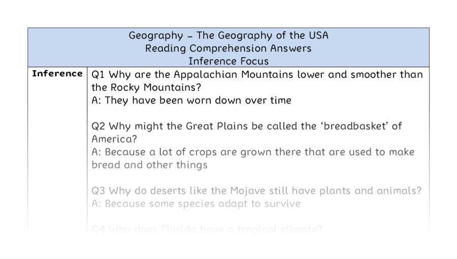 The Geography of the USA - Reading Comprehension Answers - Inference Focus