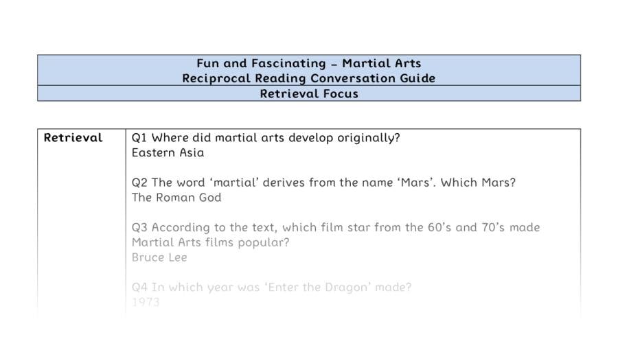 Reciprocal Reading Conversation - Martial Arts - UKS2 - Retrieval Focus