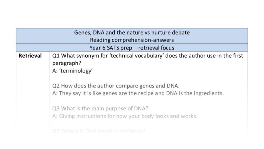 Retrieval - reading comprehension - genes DNA and nature vs nurture