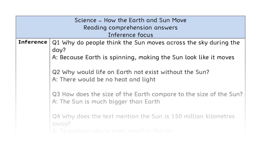 How the Earth and Sun Move - Reading Comprehension Answers - Inference Focus