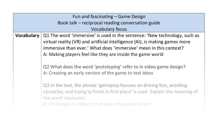 Reciprocal reading - vocabulary - Game Design