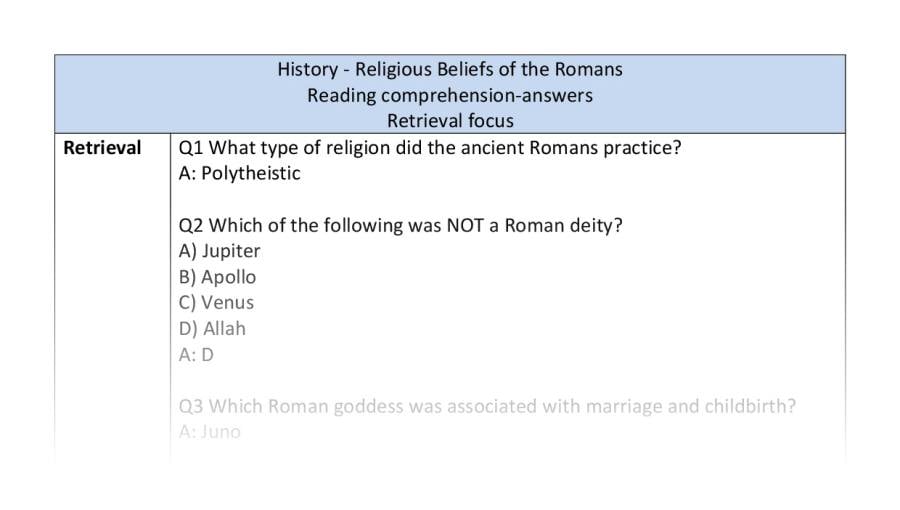 Reading comprehension - retrieval - Roman religious beliefs - answers