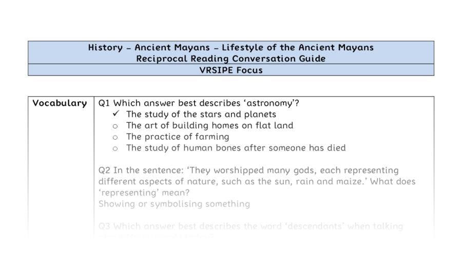 Reciprocal Reading Conversation - Lifestyle of the Ancient Mayans - VRSIPE Focus