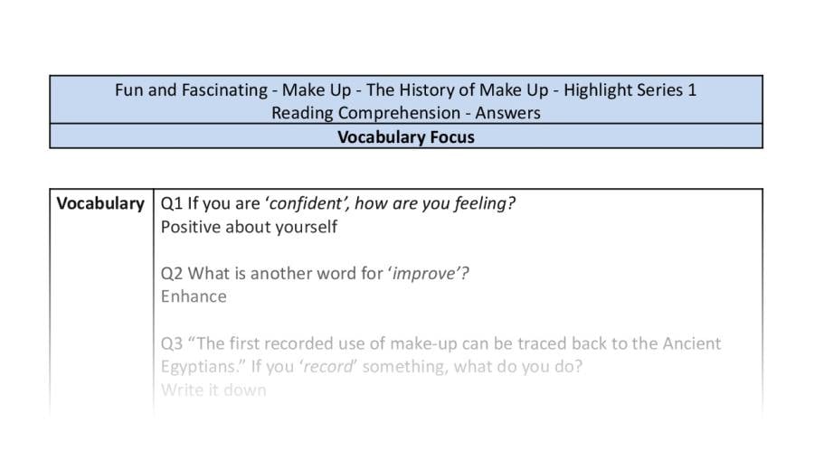Reading Comprehension - The History of Make Up - Highlight Series 1 - Vocabulary Focus