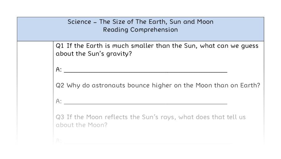 The Size of The Earth, Sun and Moon - Reading Comprehension - Inference Focus