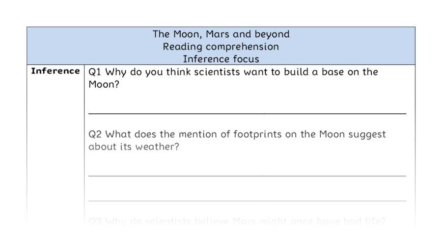 Reading comprehension - inference - The Moon, Mars and beyond