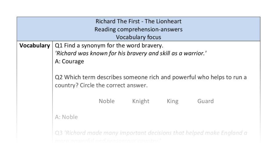 Reading comprehension - vocabulary - Richard The First - The Lionheart
