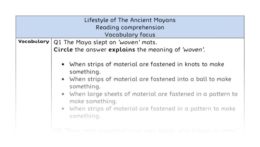 Reading comprehension -Lifestyle of The Ancient Mayans- vocabulary