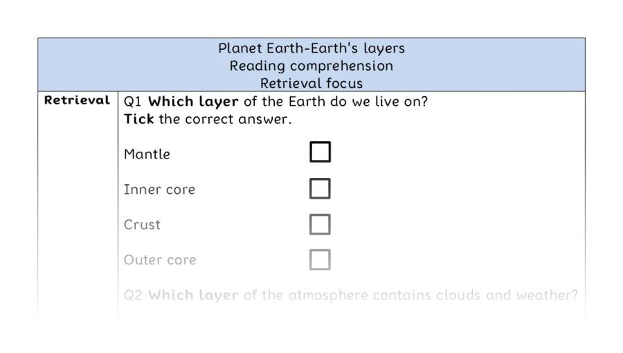 Reading comprehension - retrieval - Planet Earth-Earths layers
