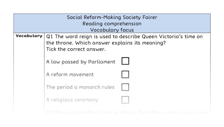 Reading comprehension - vocabulary - Social Reform-Making Society Fairer