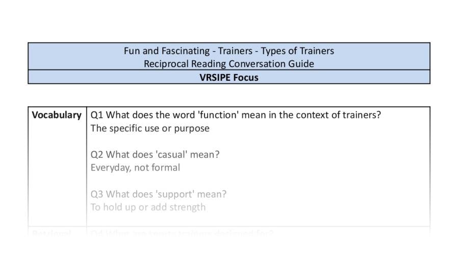 Reciprocal Reading Conversation - Types of Trainers Y3 4 - VRSIPE Focus