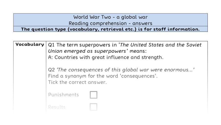 Reading comprehension - VRSIPE - World War Two - a global war - answers
