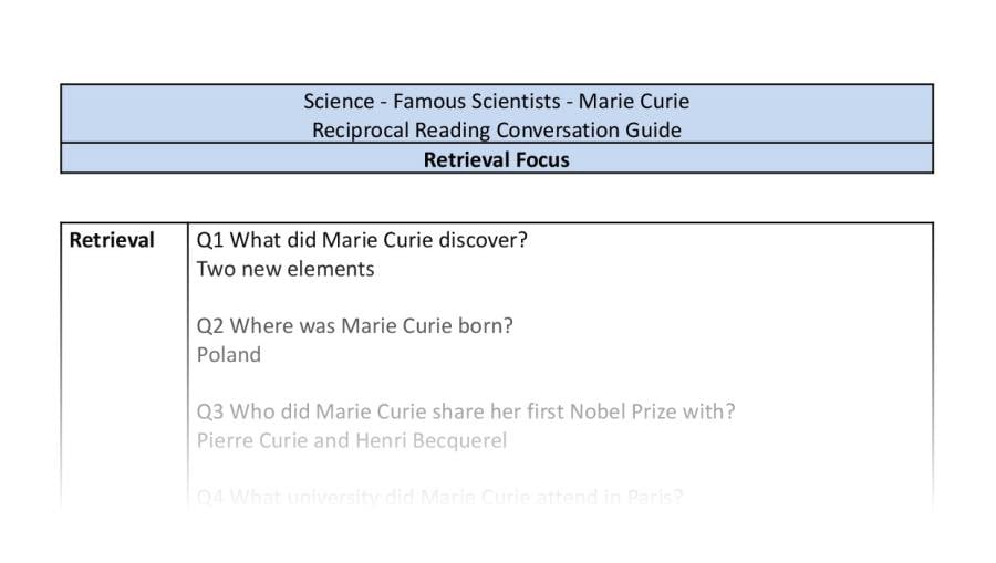 Reciprocal Reading Conversation - Marie Curie - Retrieval Focus