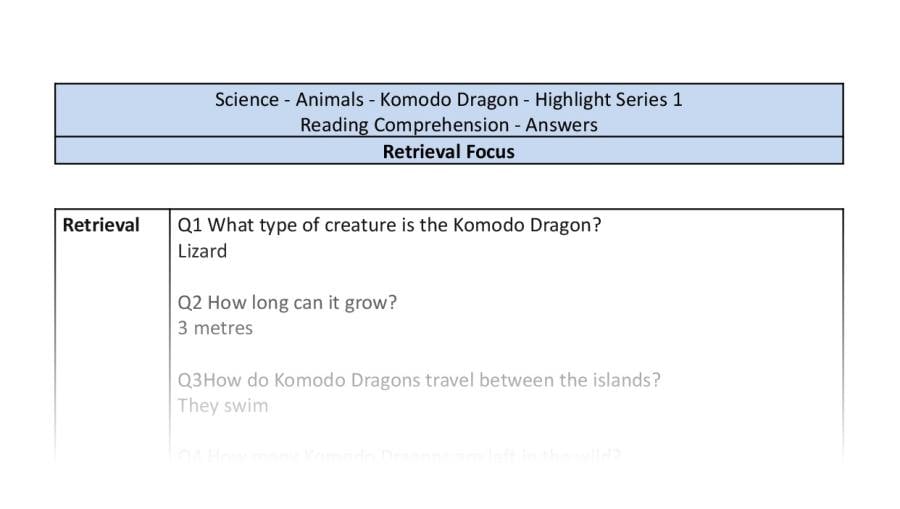Reading Comprehension - Komodo Dragon - Highlight Series 1 - Retrieval Focus