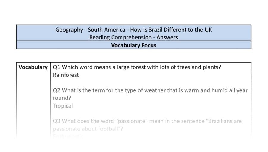 Reading Comprehension-How is Brazil Different to the UK-vocabulary Focus-answers