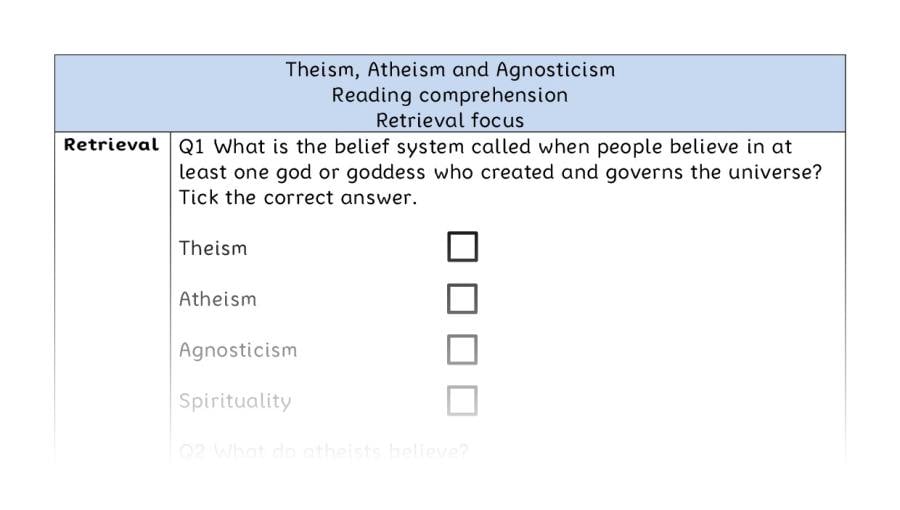 Reading comprehension - retrieval - Theism, Atheism and Agnosticism