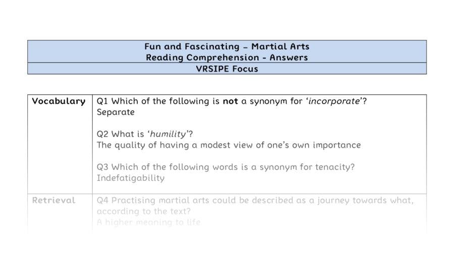 Reading Comprehension - Martial Arts - Year 7 - VRSIPE Focus