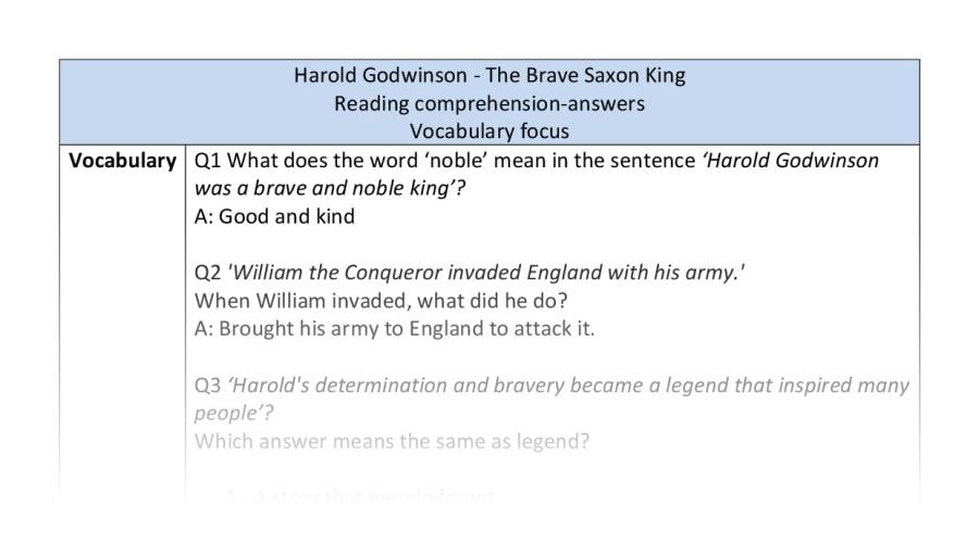 Reading comprehension - vocabulary - Harold Godwinson - The Brave Saxon King - answers