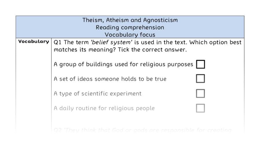 Reading comprehension - vocabulary -Theism, Atheism and Agnosticism
