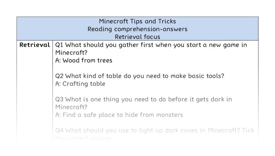 Reading comprehension-Minecraft Tips and Tricks- retrieval - answers