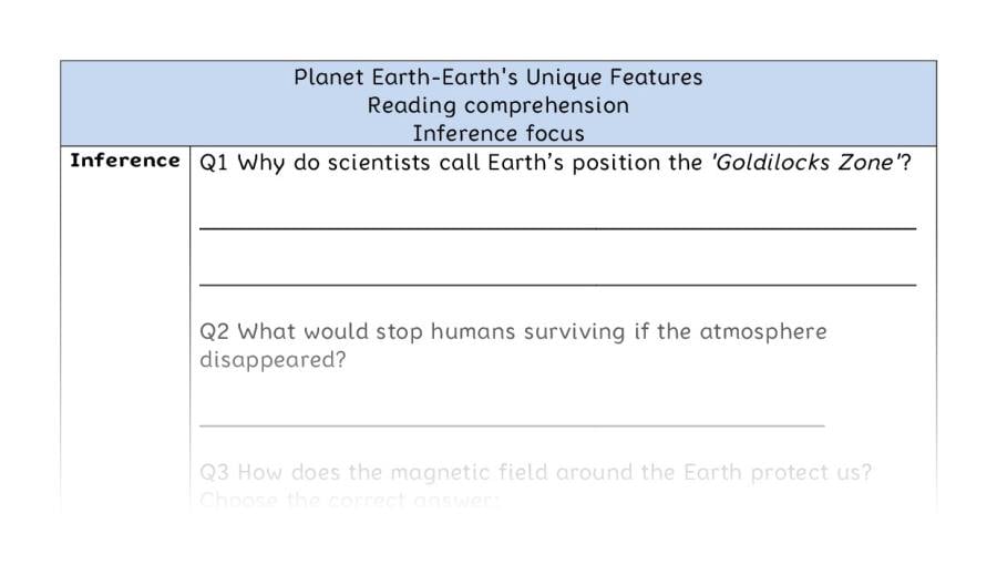 Reading comprehension - inference - Planet Earth-Earths Unique Features