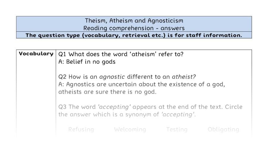Reading comprehension - VRSIPE - Theism, Atheism and Agnosticism - answers